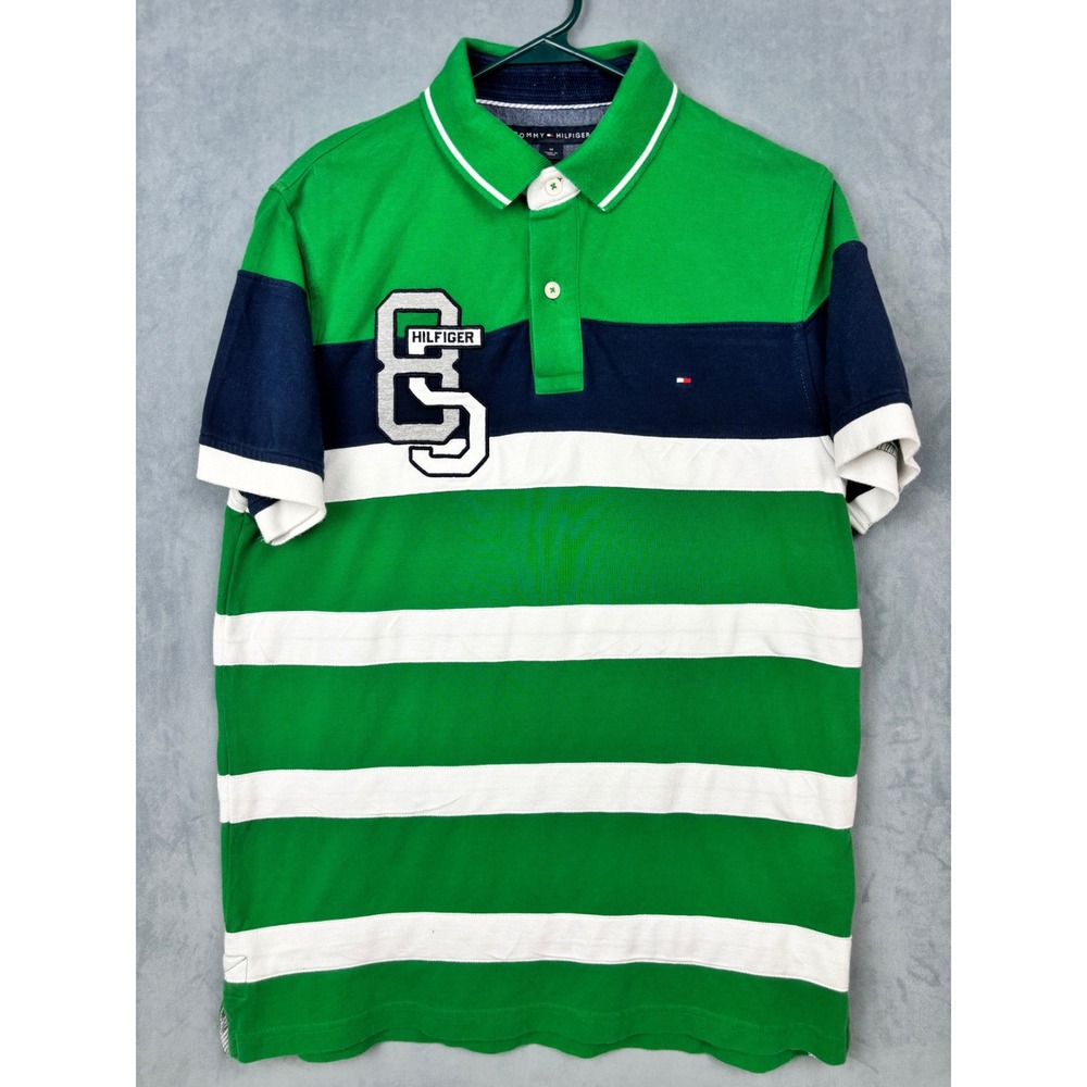 Tommy Hilfiger Mens Green Striped Polo Shirt Custom Fit 85 Patch Size M
